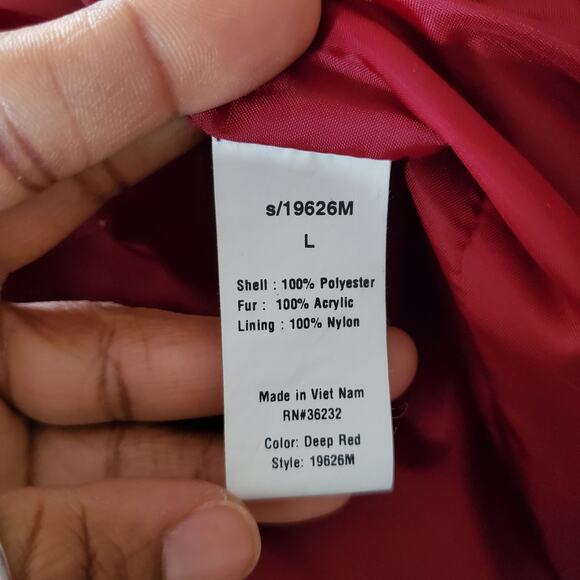 Gallery Deep Red Faux Fur Collar Quilted Jacket Size L - Picture 8 of 11